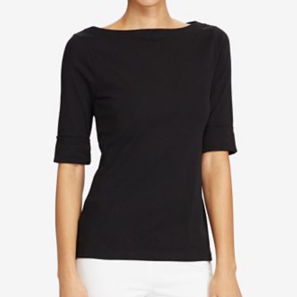 Black boat neck 3/4 sleeve slim t-shirt - Picture 6 of 6